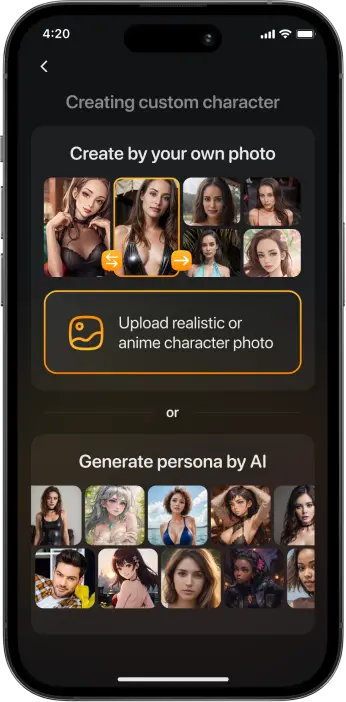 Character builder shown on a phone